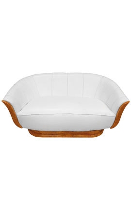 Sofa "Tulip" 3 seater art deco style elm and white leatherette