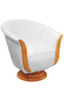 Fauteuil "Tulipe" de style art déco loupe d'orme et simili cuir blanc