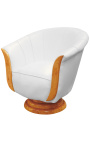 Fauteuil "Tulipe" de style art déco loupe d'orme et simili cuir blanc