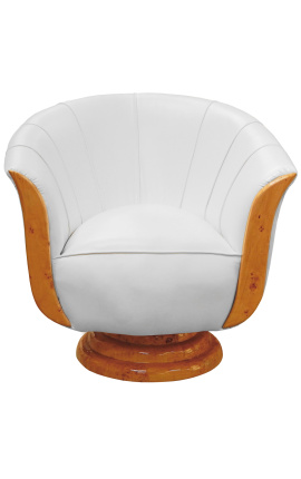 Armchair "Tulip" art deco style elm and white leatherette