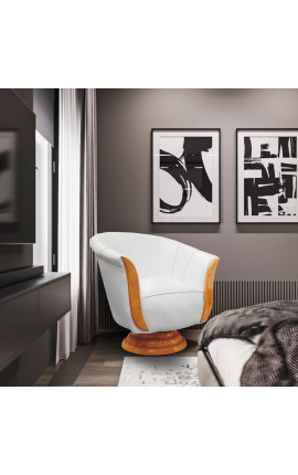 Fauteuil &quot;Tulipe&quot; de style art déco loupe d&#039;orme et simili cuir blanc