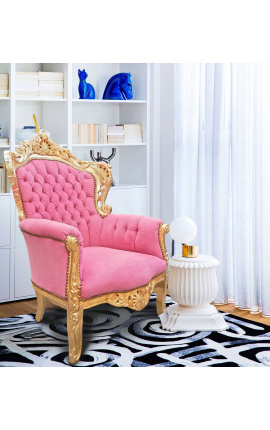 Gran sillón de estilo barroco terciopelo rosa y madera dorada