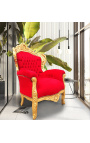 Голям бароков фотьойл от плат червено кадифе и златно дърво