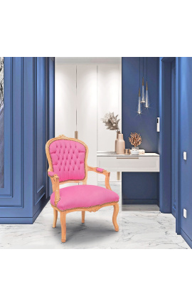 Πολυθρόνα σε ροζ βελούδο στυλ Louis XV και φυσικό χρώμα ξύλου