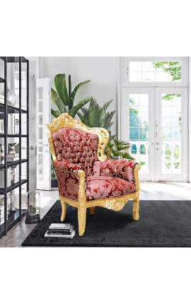 Grand fauteuil de style baroque tissu &quot;Gobelins&quot; rouge et bois doré
