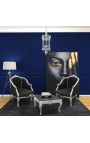Bergere sillón Louis XV Estilo de terciopelo negro y madera plateada. - 12