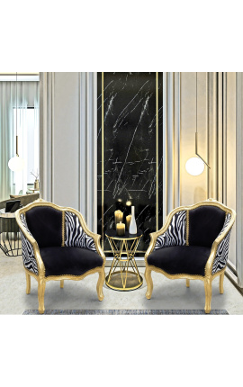 Bergere atzveltnes krēsls Louis XV stila melns samts un zebras audums zelta koks