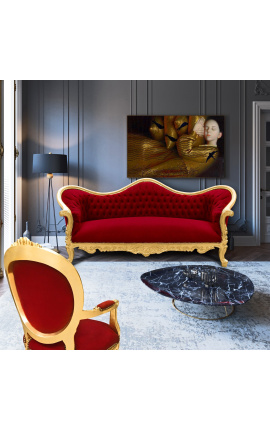 Barok Sofa Napoléon III Burgundische velvet en gouden hout