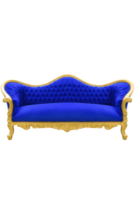 Sofá barroco Napoléon III tecido de veludo azul e madeira de ouro