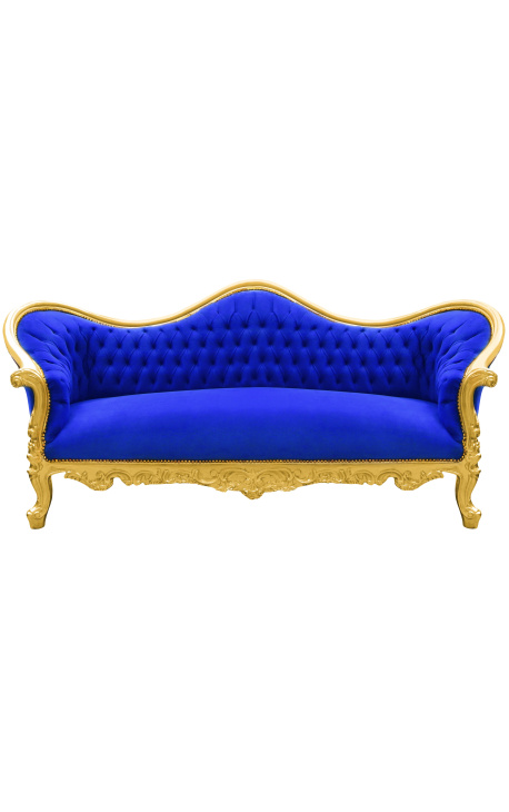 Canapé baroque Napoléon III tissu velours bleu et bois doré - 1