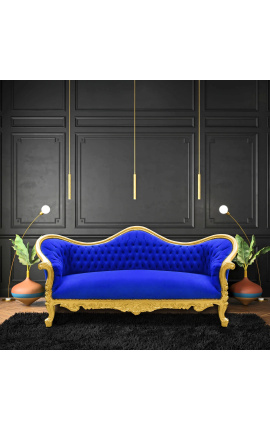 Barock Sofa Napoléon III Bleu Samt und Gold Holz