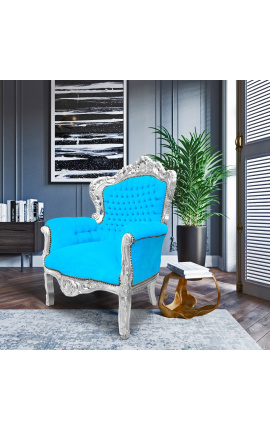 Grote fauteuil in barokstijl turquoise fluwelen stof en zilverkleurig hout