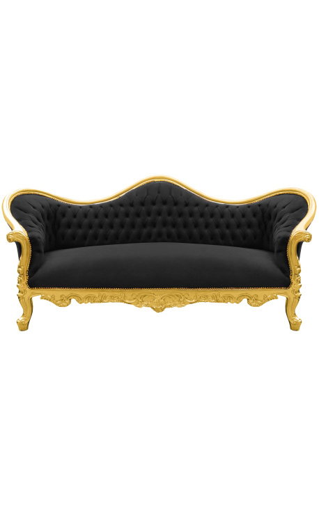 Barok sofa Napoléon III Svart samvet og guldtræ - 1