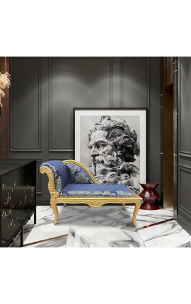 Baroque chaise longue louis xv style blue satin fabric &quot;Gobelins&quot; gold wood
