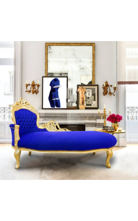 Didelis barokinis šezlongas, mėlynas aksominis audinys ir aukso mediena
