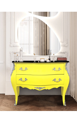Baroque chest of drawers (commode) of style Louis XV yellow luminescent and black top with 2 drawers