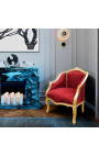 Bergere atzveltnes krēsls Louis XV Stils Red Satine audums un zelta koksne - 14
