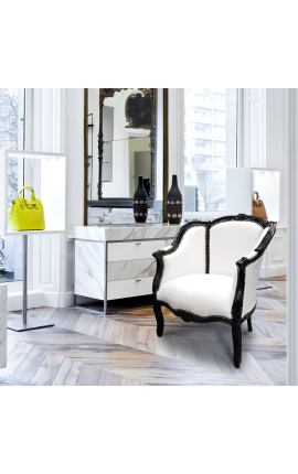 Sillón de Bergere Luís XV estilo falsa piel blanco y madera negra