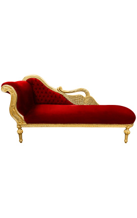 Large baroque chaise longue with a swan burgundy velvet fabric and gold wood