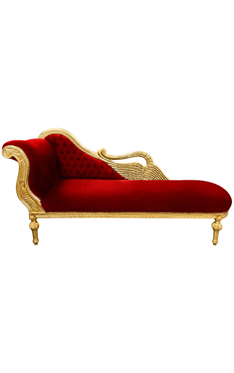 Grote barok chaise longue met een zwaan bordeaux fluwelen stof en goud hout