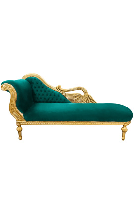 Grande chaise longue barocca con tessuto di velluto verde cigno e legno dorato