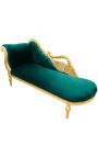 Gran chaise barroco longue con un tejido de terciopelo verde cisne y madera de oro