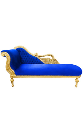 Chaise longue grande collar de cisne barroco tela de terciopelo azul y madera dorada