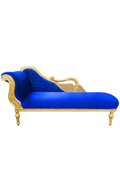 Gran chaise barroco longue con tela de terciopelo azul cisne y madera de oro