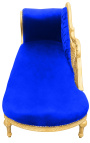 Gran chaise barroco longue con tela de terciopelo azul cisne y madera de oro