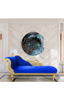 Gran chaise barroco longue con tela de terciopelo azul cisne y madera de oro