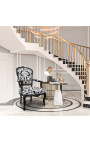 Poltrona Louis XV estilo barroco com tecido floral branco e madeira preta - 2