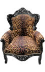 Duży fotel w stylu barokowym z tkaniny w panterkę i drewna lakierowanego na czarno