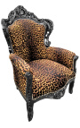 Didelis baroko stiliaus fotelis leopardo audinys ir juodai lakuota mediena