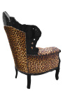 Poltrona grande estilo barroco em tecido leopardo e madeira lacada preta