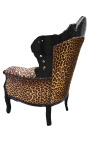 Big baroque style armchair leopard fabric and black lacquered wood