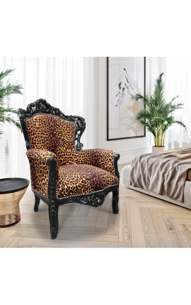 Didelis baroko stiliaus fotelis leopardo audinys ir juodai lakuota mediena