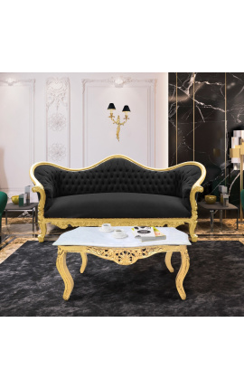 Sofá barroco Napoléon III tecido de veludo preto e madeira dourada