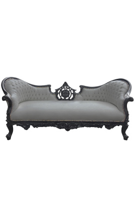 Canapé baroque Napoléon III médaillon tissu velours gris et bois noir mat