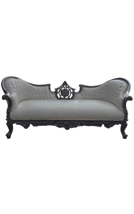 Sofa w stylu barokowym Napoleon III medalion szara aksamitna tkanina i czarne matowe drewno