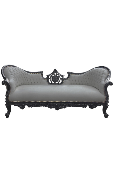 Canapé baroque Napoléon III médaillon tissu velours gris et bois noir mat