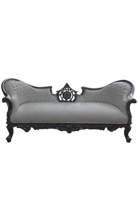Sofa w stylu barokowym Napoleon III medalion szara aksamitna tkanina i czarne matowe drewno