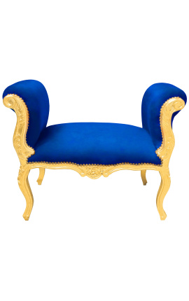 Banc barroc en teixit de vellut blau estil Lluís XV i fusta daurada