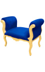 Bancada barroca estilo Luís XV com tecido de veludo azul e madeira dourada
