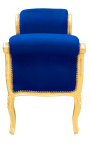 Barokowa ławka w stylu Ludwika XV, niebieska aksamitna tkanina i złote drewno