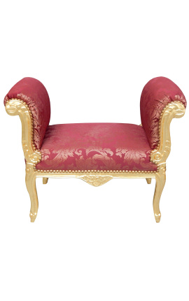 Banquette baroque de style Louis XV tissu satiné rouge aux motifs &quot;Gobelins&quot; et bois doré