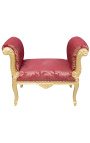 Banquette baroque de style Louis XV tissu satiné rouge aux motifs "Gobelins" et bois doré