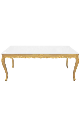 Jedilna lesena baročna miza z zlatimi lističi in sijajno belo ploščo