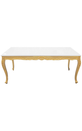 Mesa de comedor barroca barroca con madera de oro y tapa blanca brillante