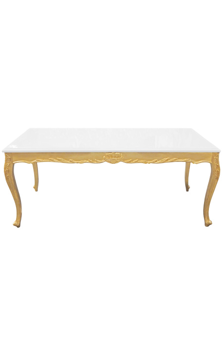 Jedilna lesena baročna miza z zlatimi lističi in belo sijajno ploščo