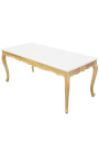 Jadalnia drewniany stół w stylu barokowym ze złotym liściem i białym błyszczącym blatem
